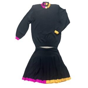 St. John By Marie Gray 2 Piece Skirt Top Set Size 8 Black Yellow Pink